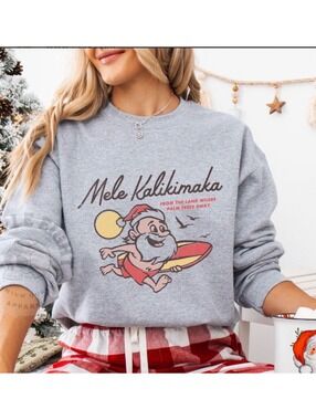 Port & Company Gray Mele Kalikimaka Santa Surfing Graphic Sweatshirt, L